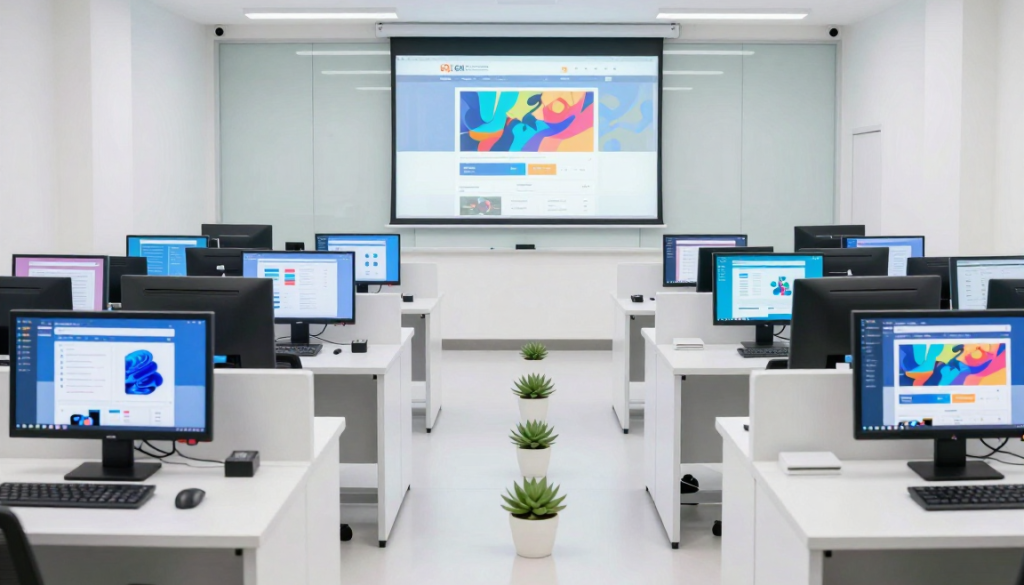 a_wide_angle__hyper_realistic_shot_of_a_pristine__high_key_illuminated_school_it_lab___symmetrical_rows_of_dual_monitor__all_white_workstation_pods_replace_the_desks__on_all_screens__vi_2706688645