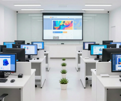 a_wide_angle__hyper_realistic_shot_of_a_pristine__high_key_illuminated_school_it_lab___symmetrical_rows_of_dual_monitor__all_white_workstation_pods_replace_the_desks__on_all_screens__vi_2706688645